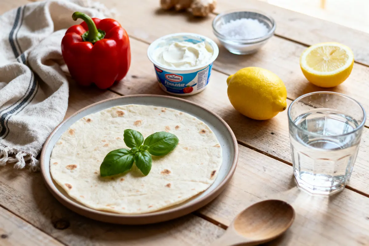 Tortilla avec basilic, yaourt, poivron, citron, verre d'eau, sel, sur table en bois, serviette.