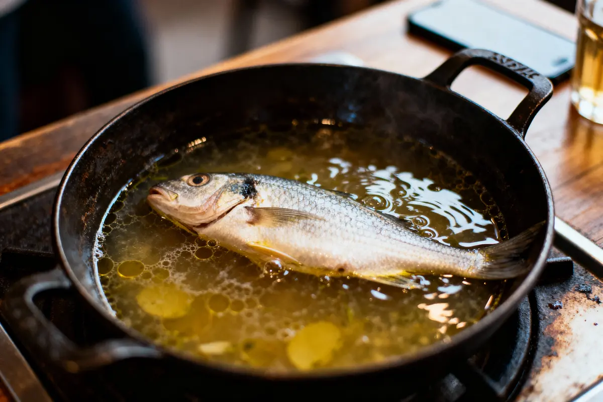 Poisson entier cuit dans poêle en fonte, avec bouillon clair, sur une cuisinière en cuisine.