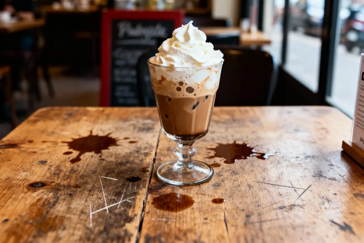 Verre de café glacé avec crème fouettée sur table en bois, entouré de taches de café.