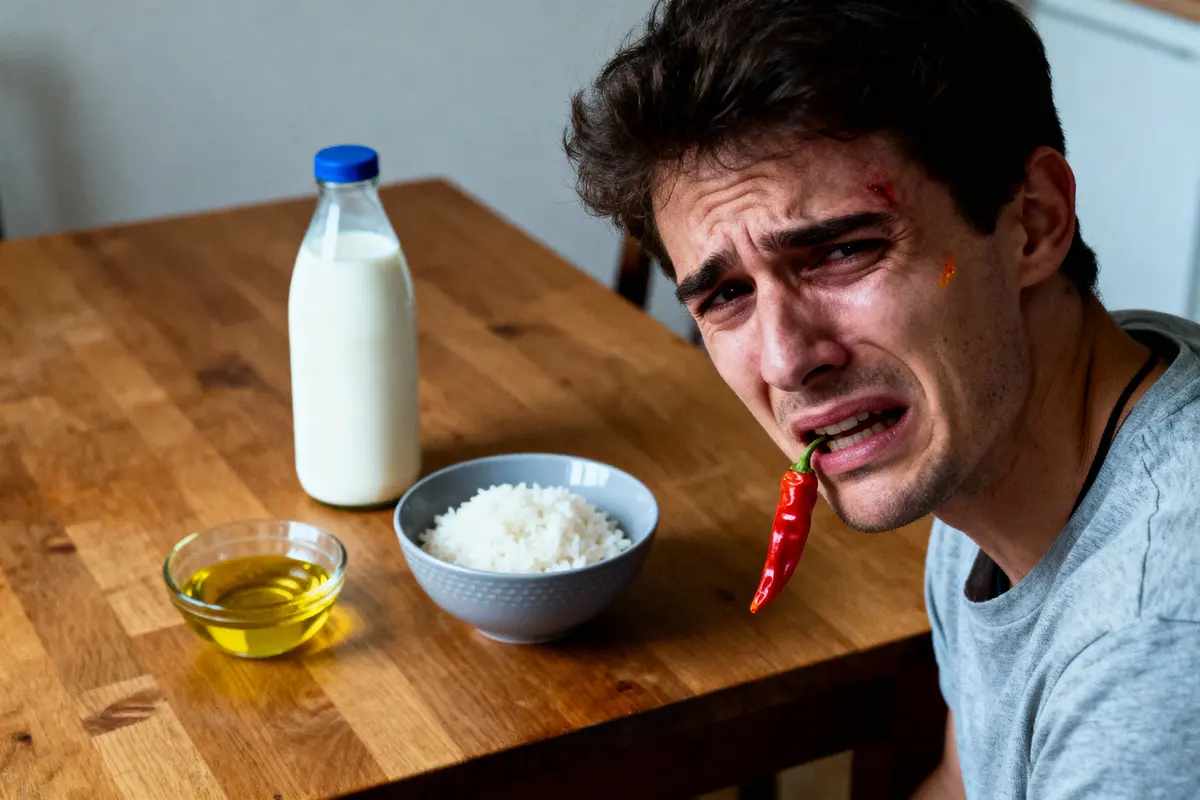 Homme souffrant en mangeant un piment rouge, avec riz, huile et lait sur la table en bois.