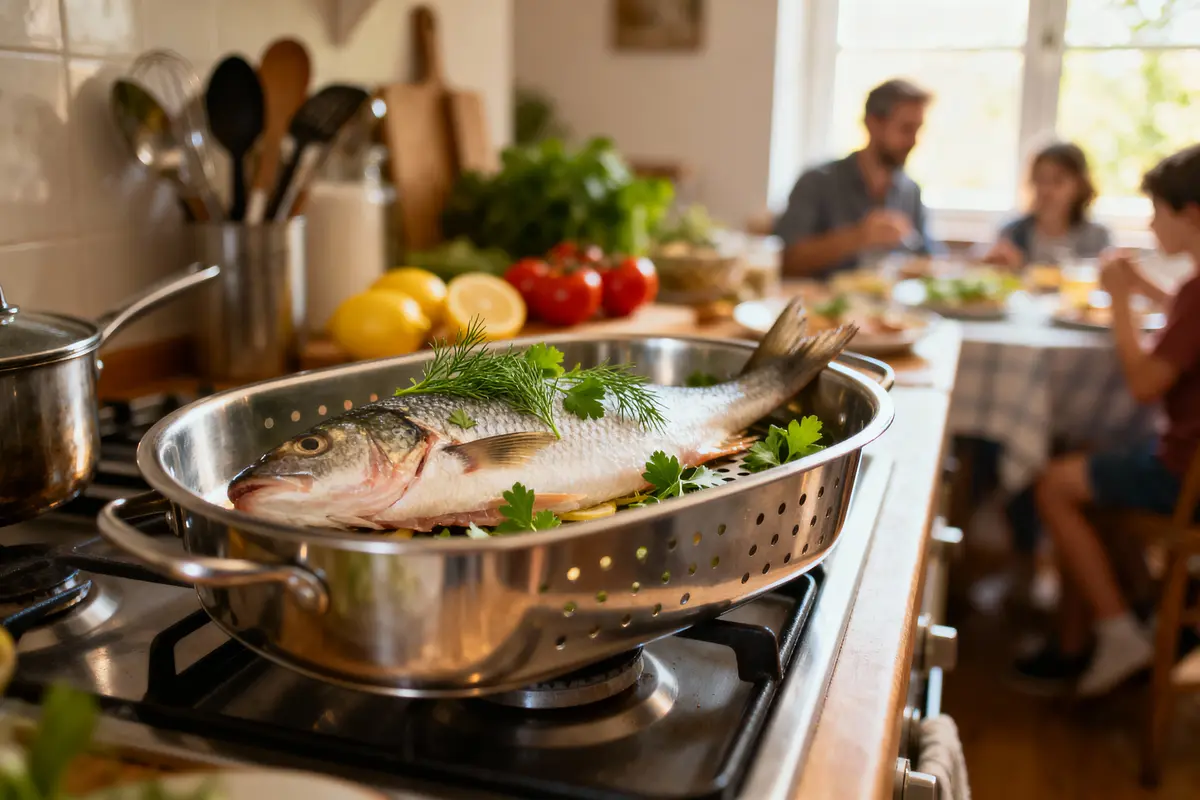 Poisson entier frais avec herbes dans plat, cuisine; famille dînant en arrière-plan, ambiance conviviale.
