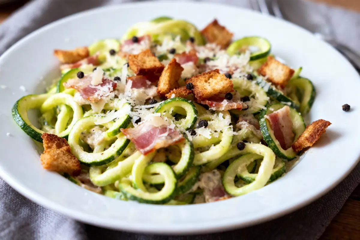 Assiette de spaghettis de courgettes avec lardons, croûtons, parmesan, et grains de poivre noir sur table en bois.