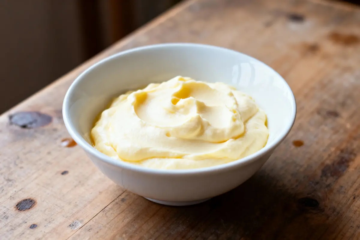 Bol de crème dessert onctueuse sur une table en bois.