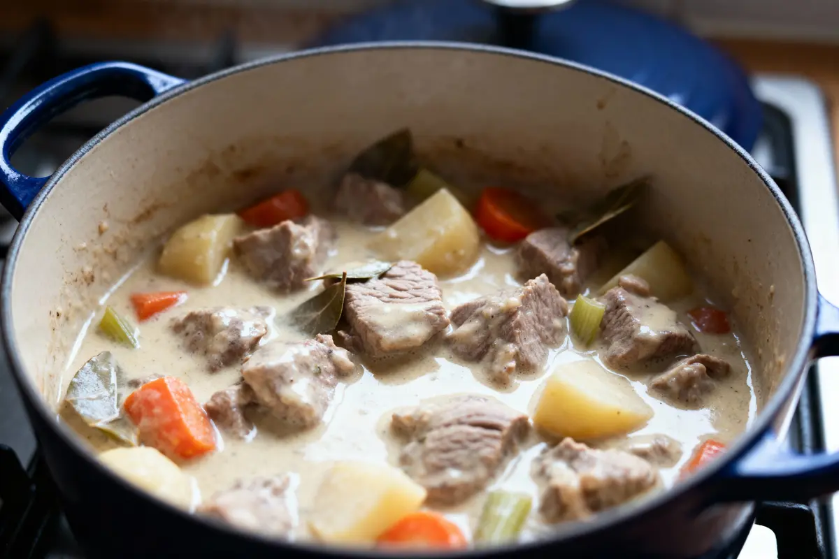 Ragoût de viande crémeux avec pommes de terre, carottes et céleri dans une cocotte bleue sur cuisinière.