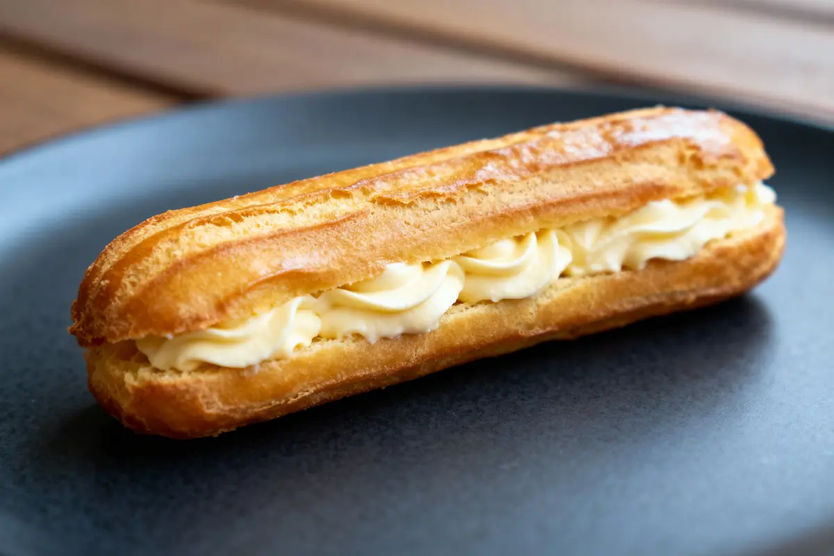 Éclair à la crème pâtissière sur une assiette grise, prêt à être dégusté.