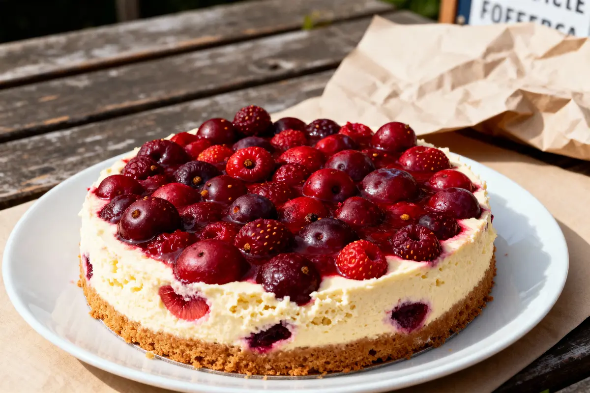 Gâteau aux fruits rouges sur assiette blanche, posé sur table en bois extérieur, papier brun en arrière-plan.