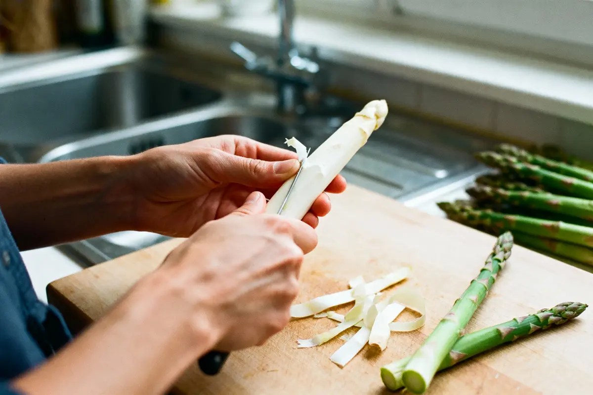 Personne épluchant asperge blanche sur planche à découper, asperges vertes en arrière-plan, cuisine lumineuse.