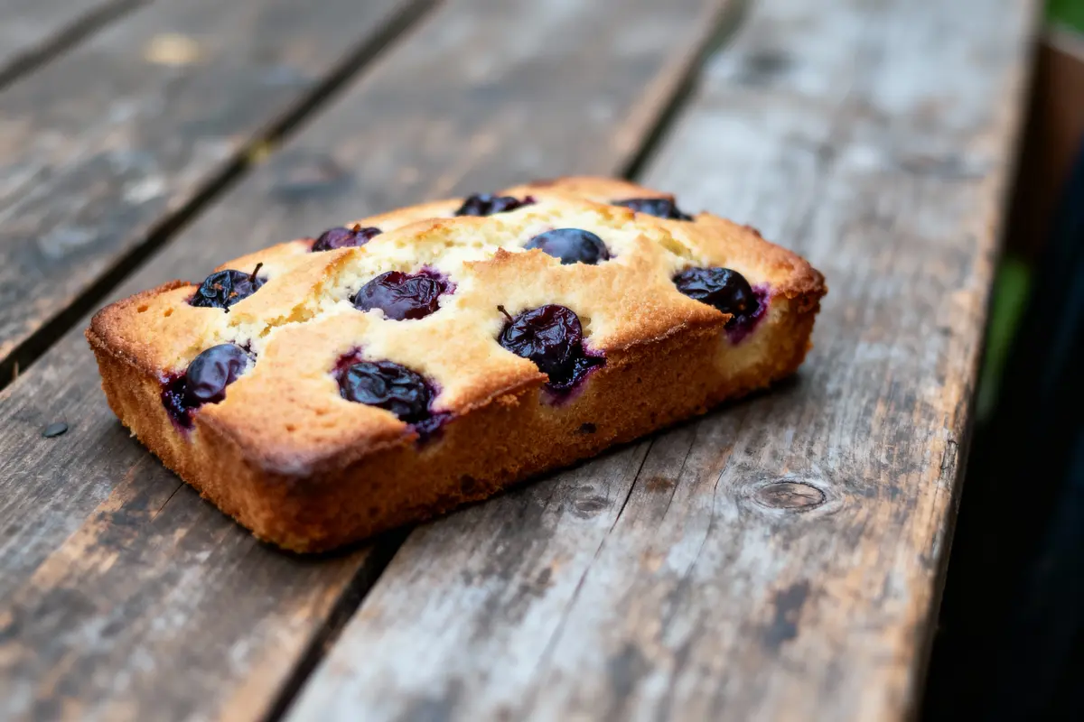 Gâteau rectangulaire aux cerises sur table en bois, surface dorée.