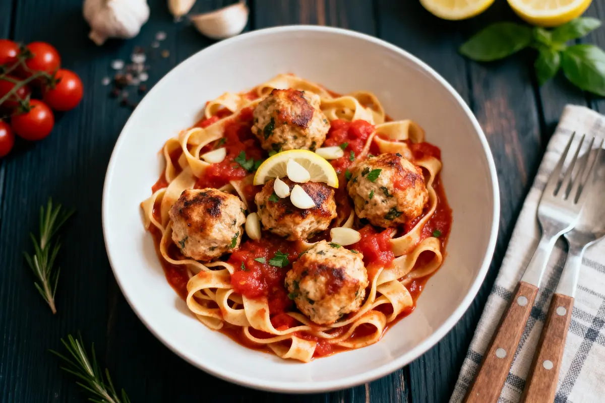 Assiette de pâtes tagliatelles avec boulettes, sauce tomate, amandes, rondelle de citron, et herbes fraîches.
