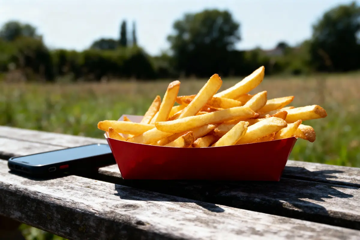 Frites dans un récipient rouge posées sur une table en bois, téléphone portable à côté, extérieur champêtre.
