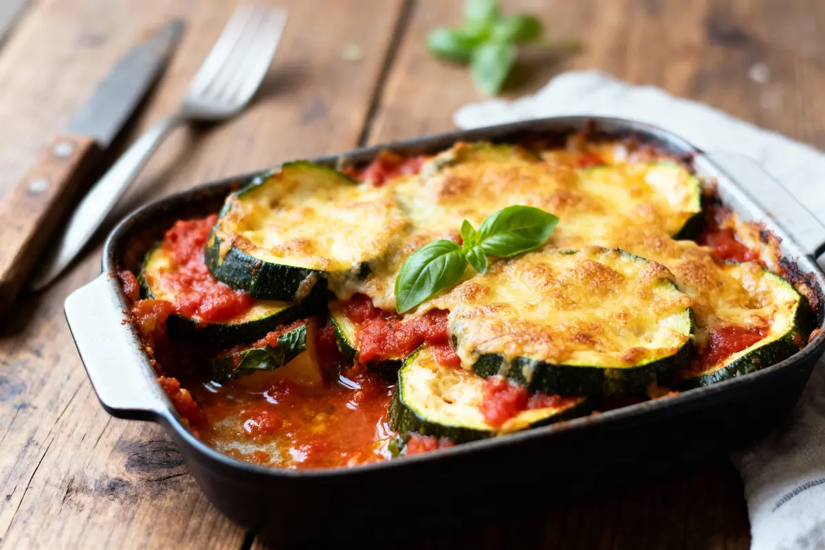 Plat de lasagnes aux courgettes avec sauce tomate, fromage gratiné et basilic, sur table en bois.