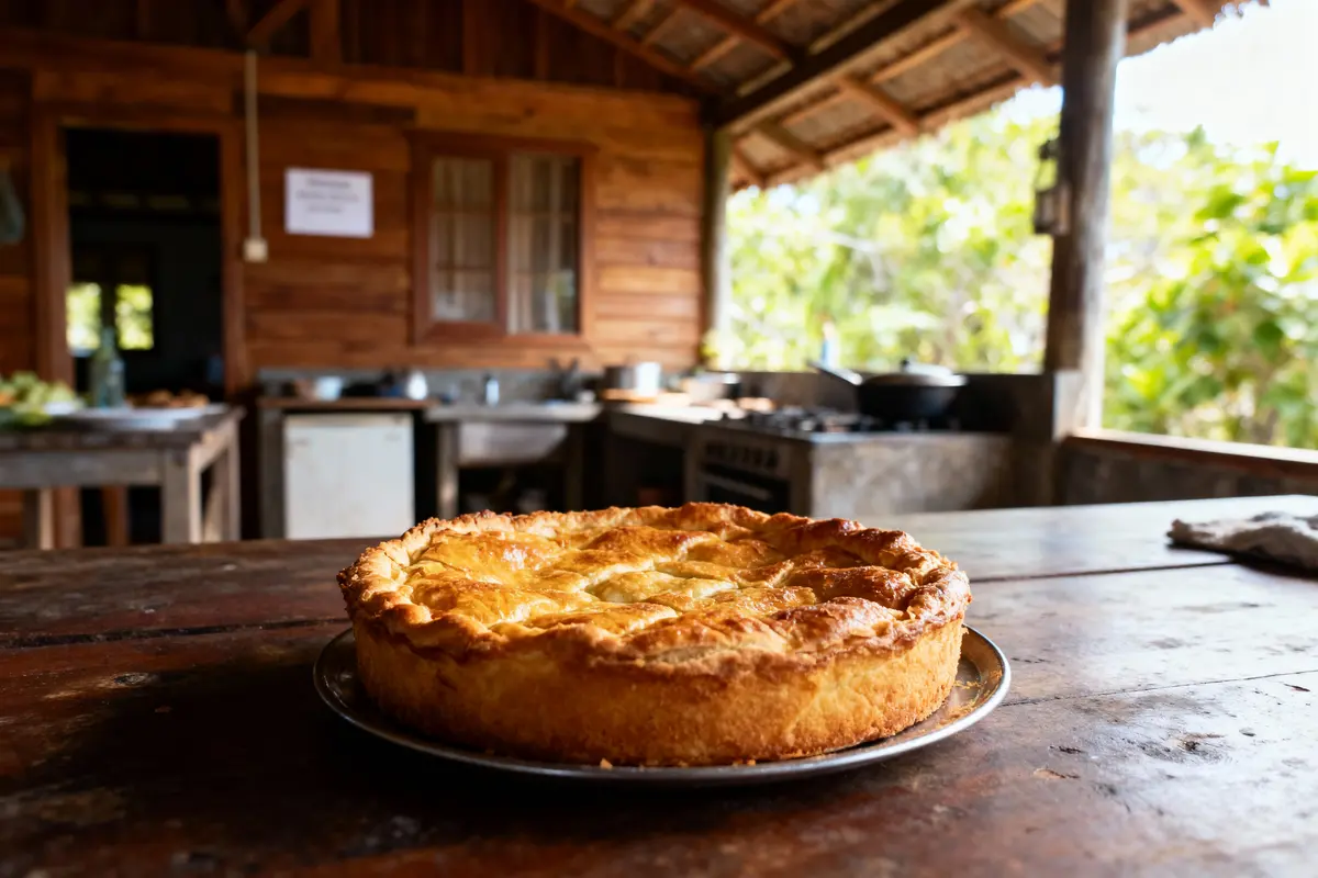 Tarte dorée sur une table en bois dans une cuisine rustique avec équipements en arrière-plan.