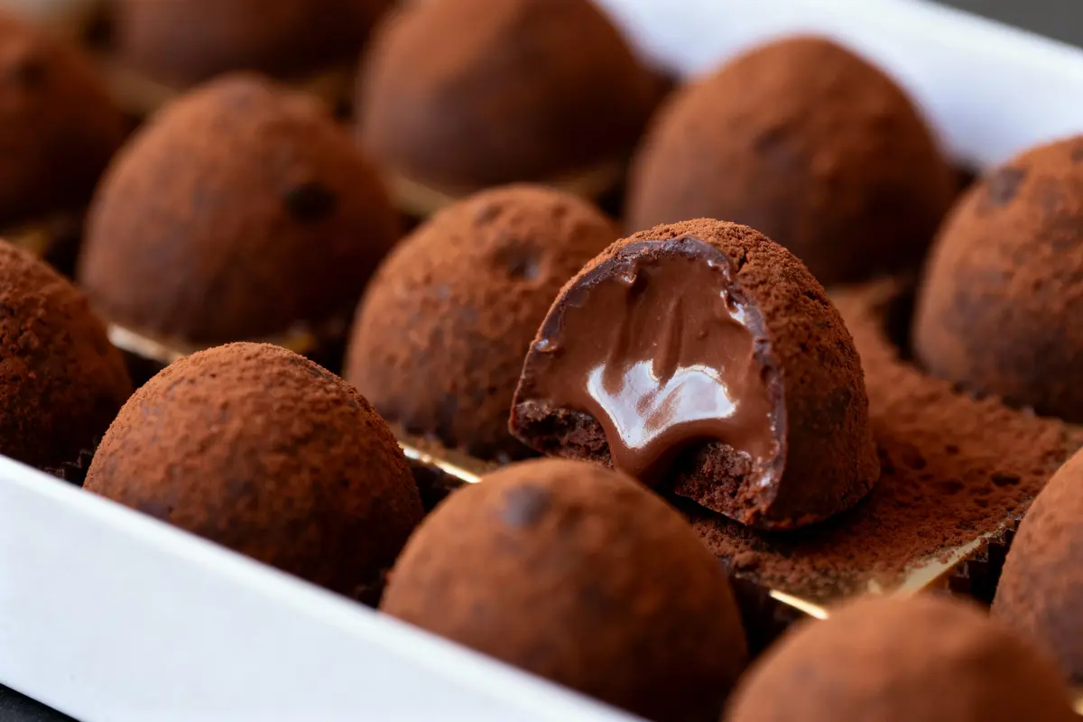Truffes chocolatées saupoudrées de cacao, une coupée révélant un intérieur fondant.
