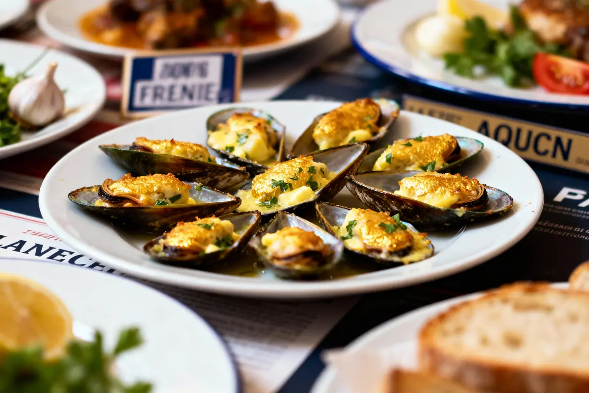 Assiettes de moules gratinées au fromage, persil, avec du pain et divers ingrédients en arrière-plan.