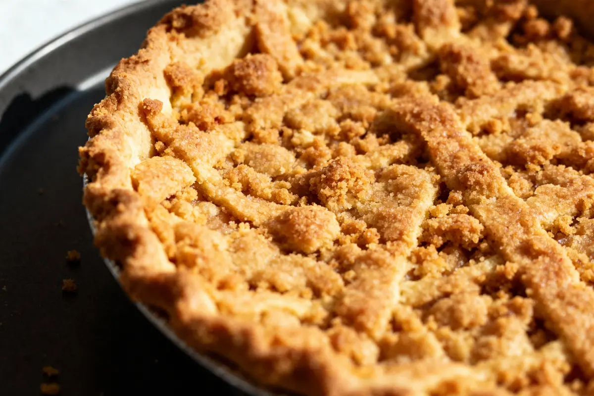 Tarte aux pommes maison avec croûte dorée et garniture de crumble, dans un plat noir.