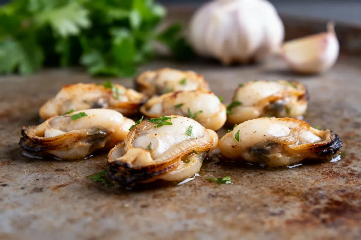 Huîtres grillées garnies de persil, posées sur une surface métallique avec ail flou en arrière-plan.