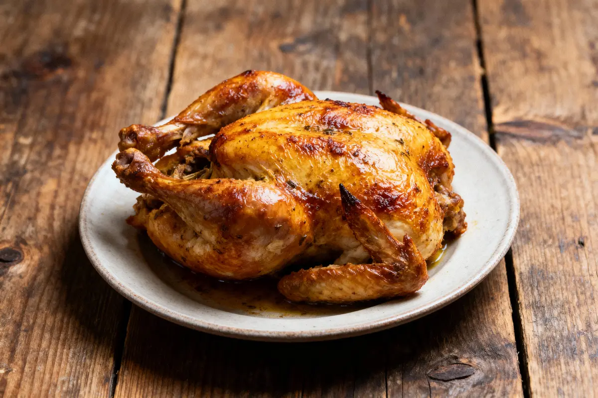 Poulet rôti doré sur assiette blanche, posé sur une table en bois rustique.