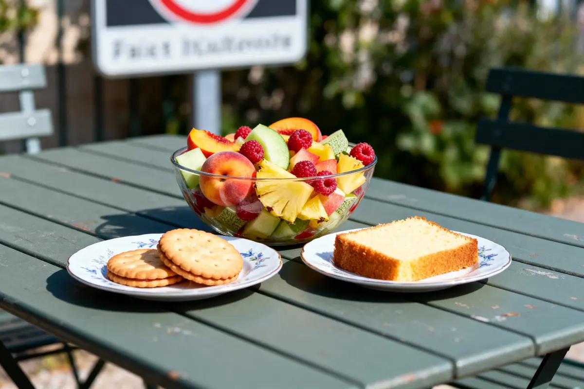 Assiette de biscuits, tranche de gâteau et salade de fruits sur table extérieure verte.