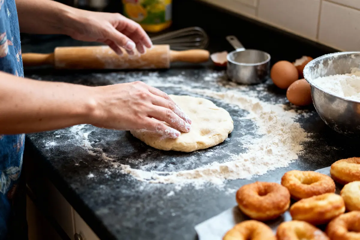 Personne pétrissant pâte sur plan de travail enfariné avec ustensiles, œufs et donuts à proximité.