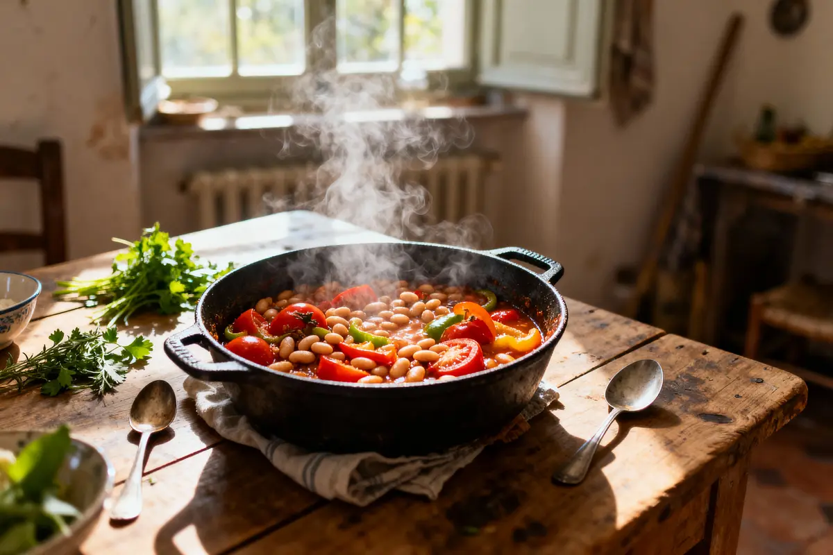Poêlée de légumes mijotés avec haricots, tomates, poivrons colorés, cuisine rustique, ensoleillée, vapeur visible, table en bois.