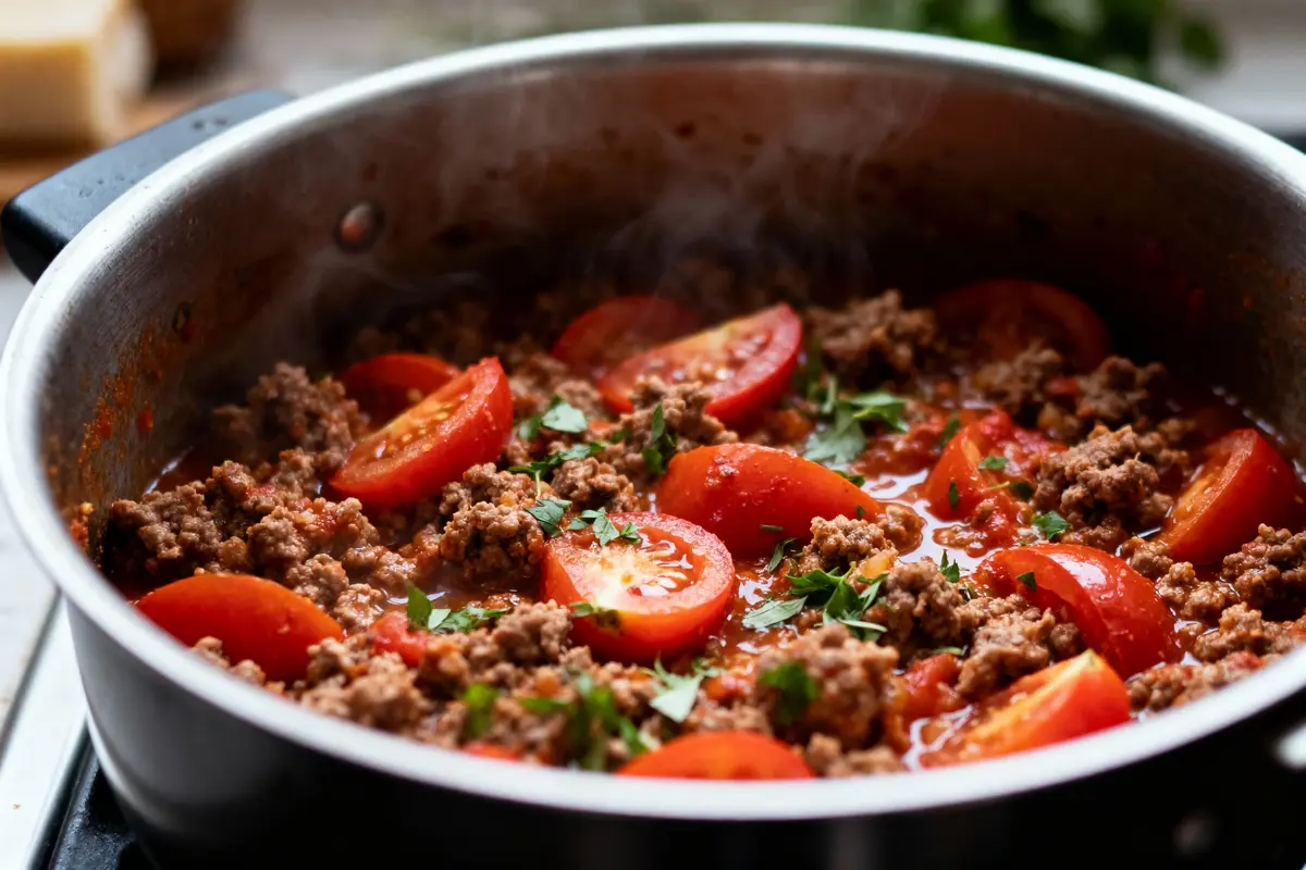 Plat de viande hachée, tomates, herbes fraîches mijotant dans une casserole métallique.