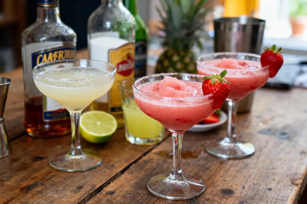 Trois cocktails colorés sur table en bois, avec bouteilles, citron vert et ananas en arrière-plan.