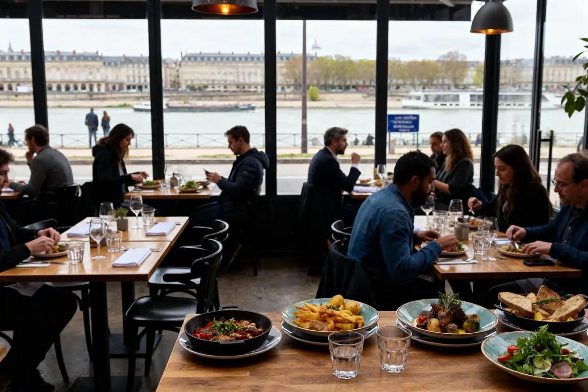 Personnes dînant dans un restaurant élégant avec vue sur une rivière et des bâtiments historiques.