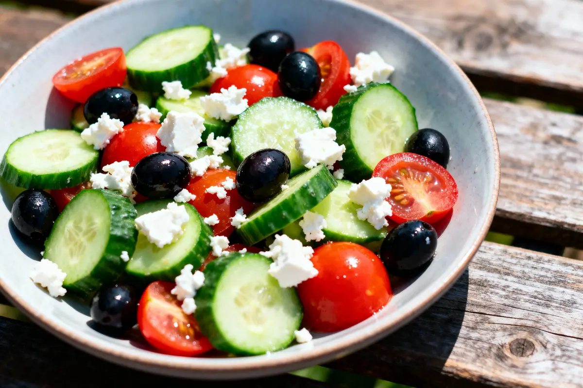 Salade colorée avec concombres, tomates cerises, olives noires et feta dans un bol sur une table en bois.