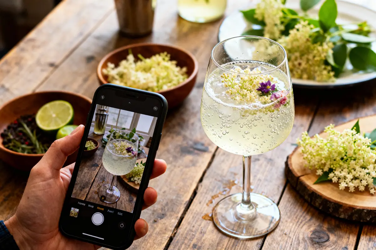 Verre de boisson pétillante avec fleurs, téléphone prenant photo, sur table en bois avec herbes.