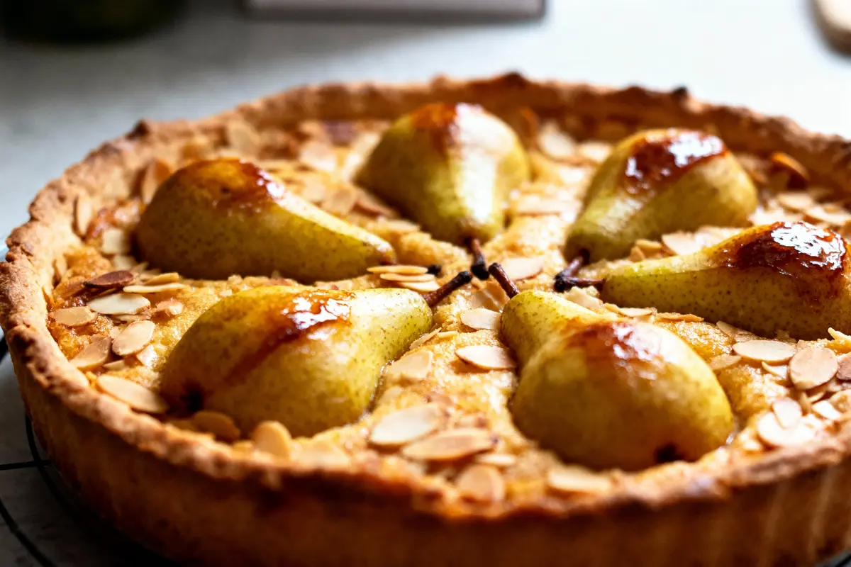 Tarte aux poires avec amandes effilées sur pâte dorée, vue en gros plan.
