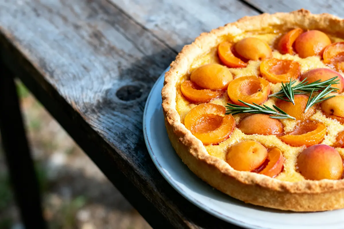 Tarte aux abricots avec branche de romarin, posée sur table en bois rustique.