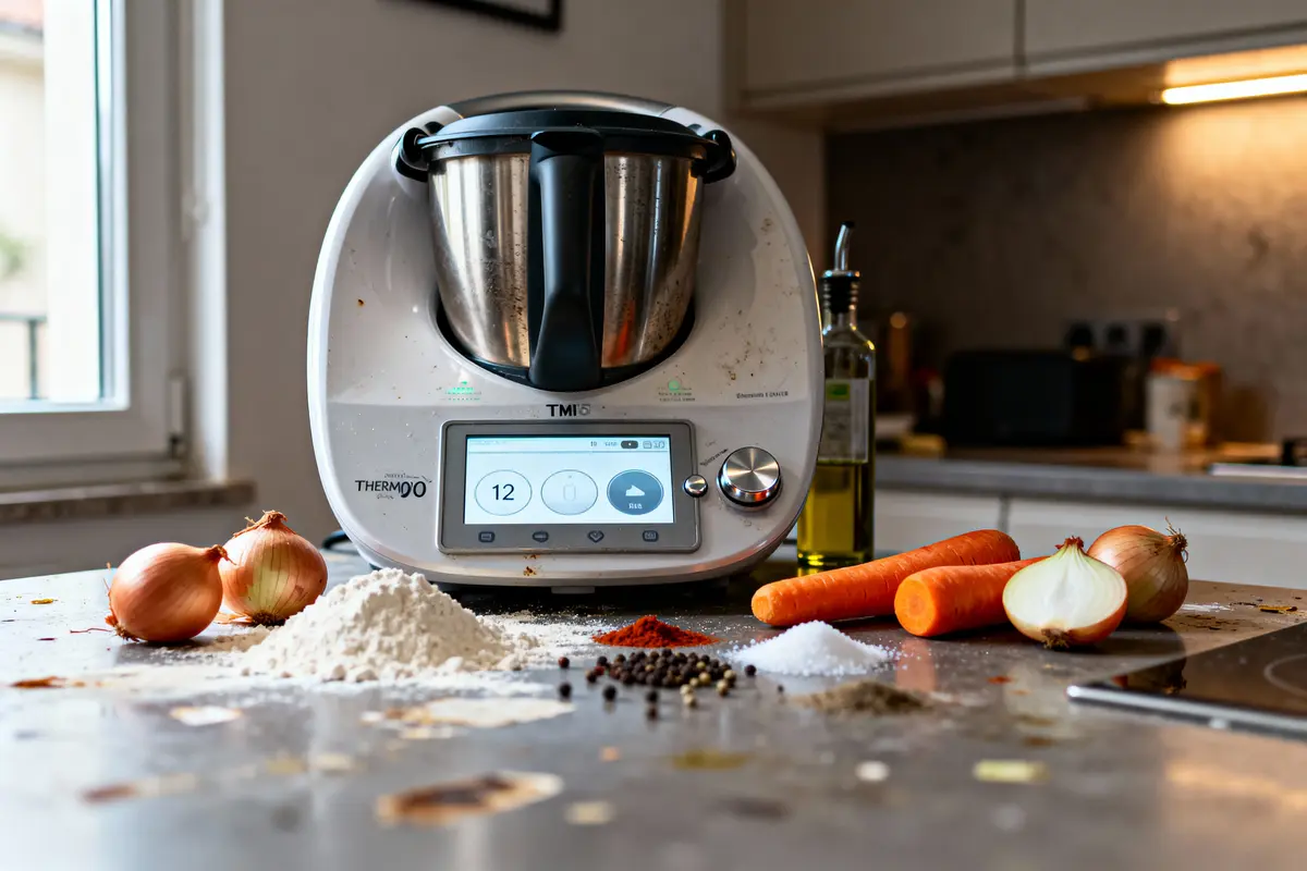 Robot culinaire sur plan de travail, entouré d'ingrédients : oignons, carottes, farine, épices, huile d'olive.