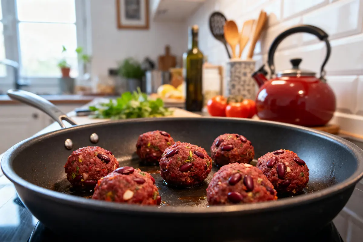 Boulettes de viande avec haricots rouges cuisant dans une poêle, cuisine en arrière-plan avec théière rouge.