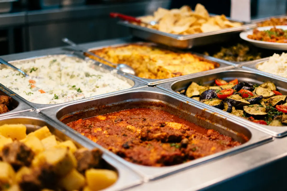 Assortiment de plats chauds en self-service, comprenant curry, légumes grillés, gratin, riz, et frites.