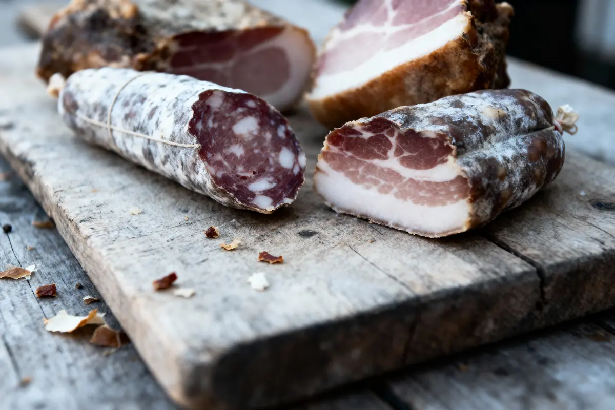 Tranches de charcuterie sur planche en bois, incluant saucisson et viande séchée, ambiance rustique.