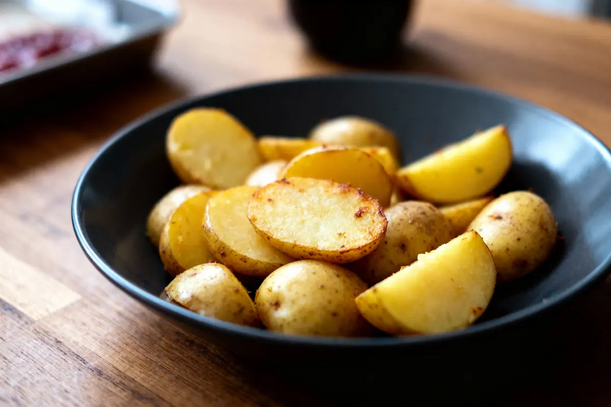 Pommes de terre rôties dorées dans un plat noir sur une table en bois.