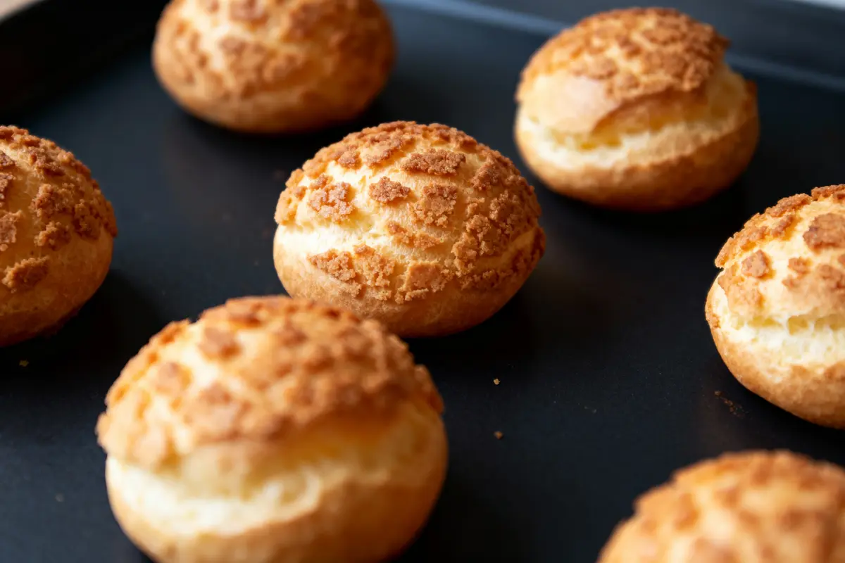 Petits choux dorés avec croûte craquelée sur une plaque de cuisson noire, prêts à être servis.