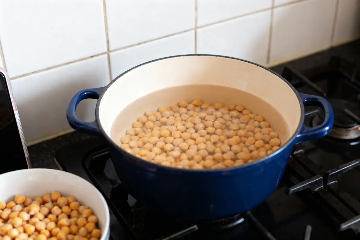 Cocotte bleue sur cuisinière avec pois chiches trempant dans l'eau, bol blanc rempli de pois chiches.