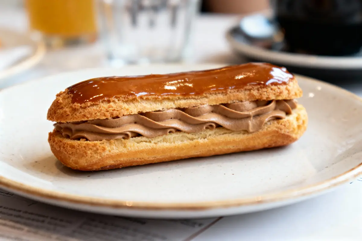 Éclair au caramel avec crème, posé sur une assiette blanche dans un restaurant.