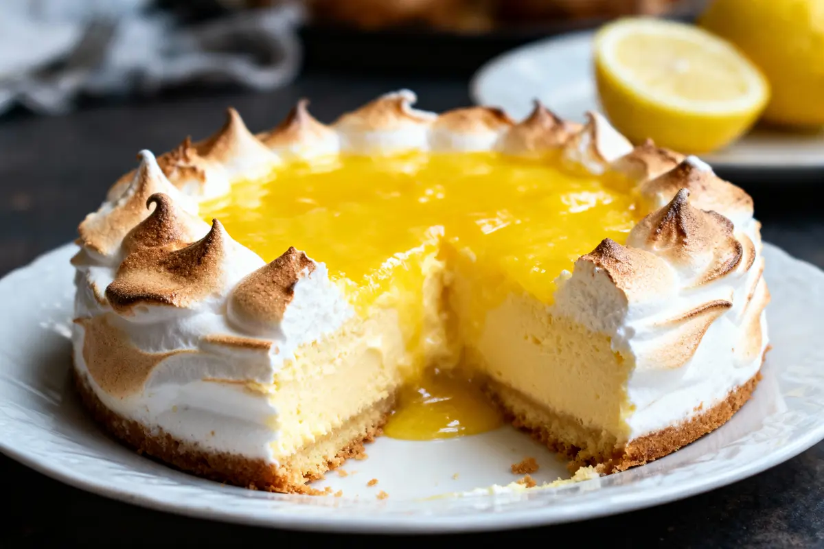 Tarte au citron meringuée avec une part manquante, sur une assiette blanche. Citron en arrière-plan.