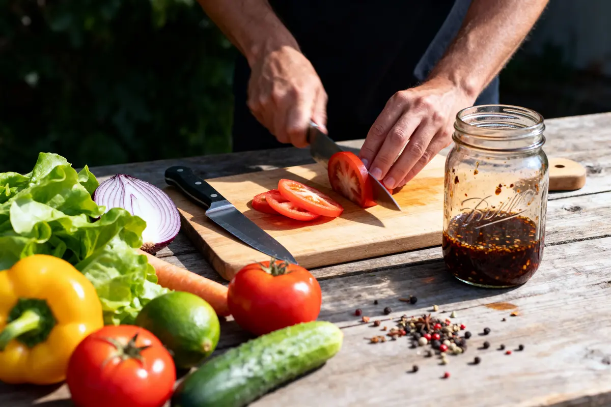 Personne tranchant une tomate sur une planche avec légumes colorés autour et pot en verre à proximité.