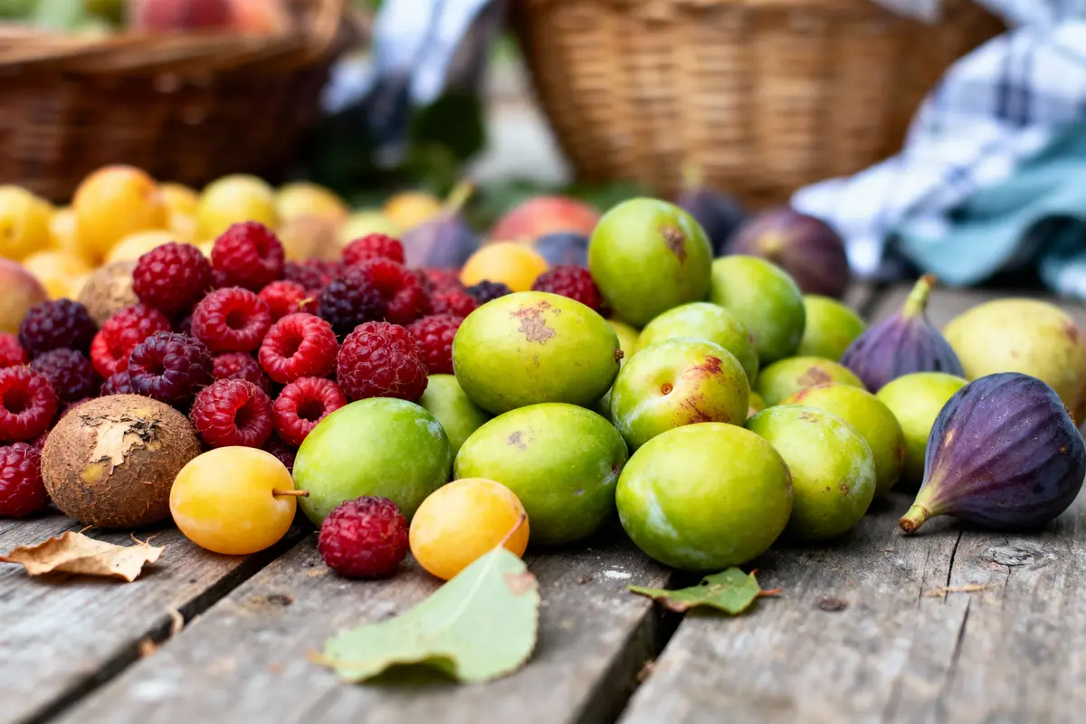 Fruits variés sur table en bois : prunes, framboises, figues, kiwis, avec paniers flous en arrière-plan.
