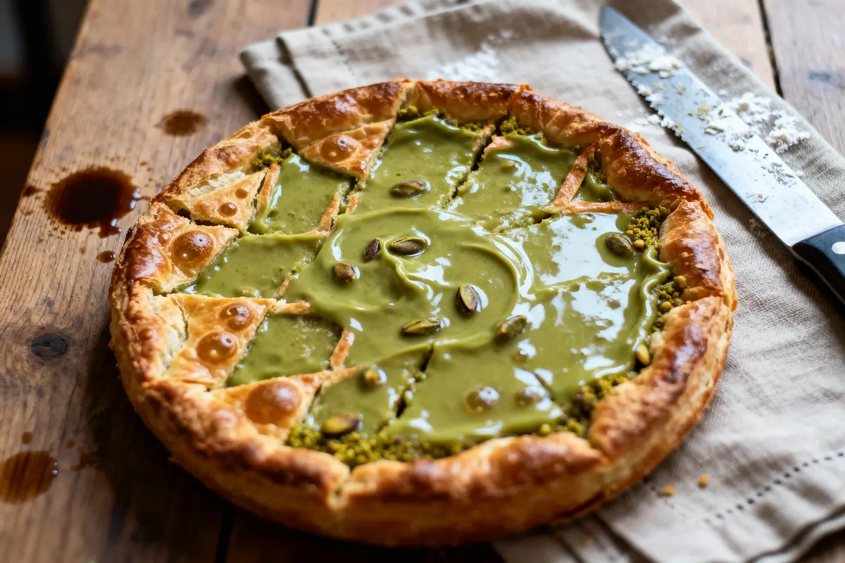 Tarte crémeuse au matcha et pistache, sur nappe beige, couteau à côté.