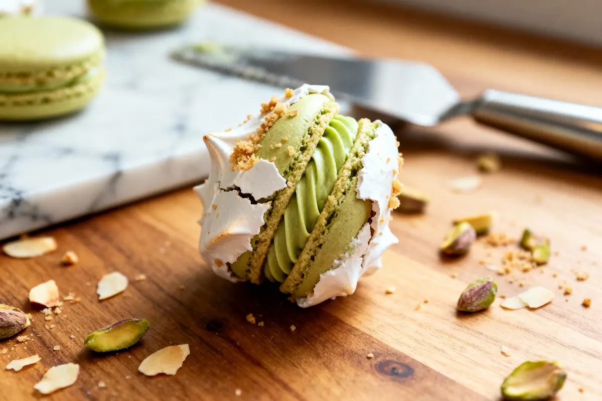 Macaron vert garni de crème, amandes et pistaches autour, sur planche en bois près d'un couteau.