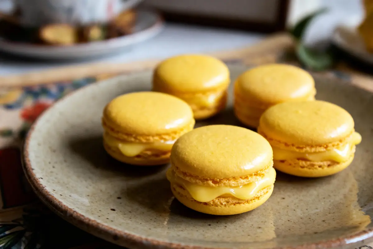 Assiette avec cinq macarons jaunes au citron, garnis de crème, posés sur une table colorée.