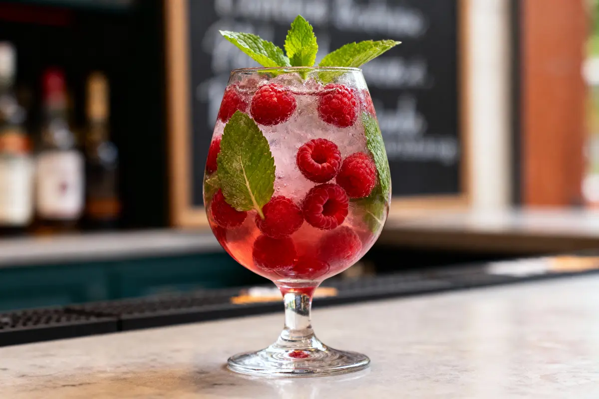 Verre cocktail élégant avec framboises, feuilles de menthe, glaçons, sur comptoir de bar. Arrière-plan flou.