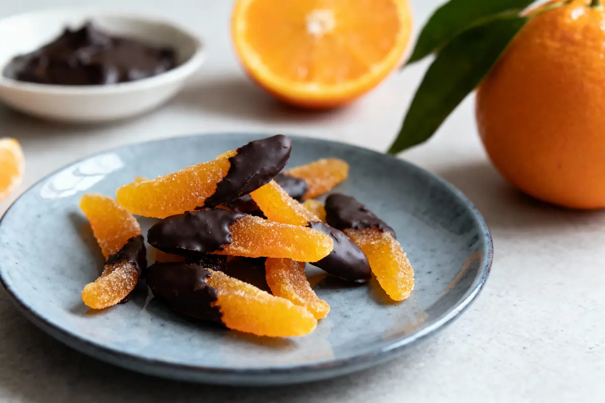 Morceaux d'écorces d'orange confites enrobées de chocolat sur assiette, oranges et chocolat en arrière-plan.
