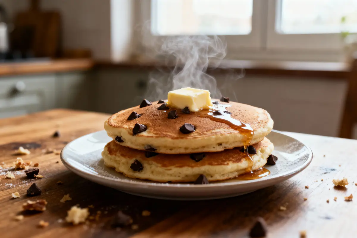 Deux pancakes empilés avec pépites de chocolat, beurre fondant et sirop, présentés sur une assiette en cuisine.