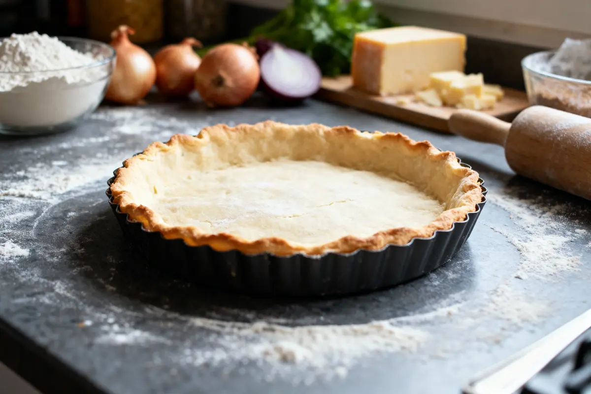 Tarte crue dans moule sur plan de travail, entourée d'oignons, fromage, farine, rouleau à pâtisserie.