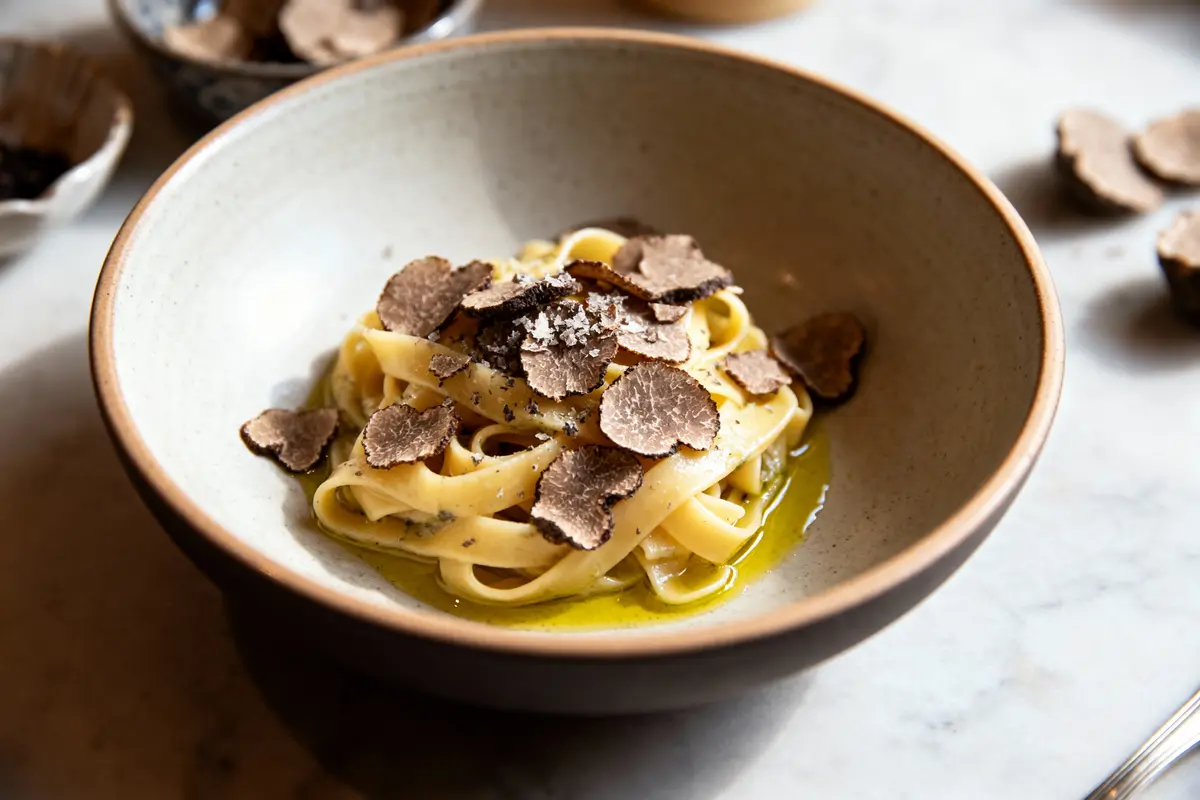Tagliatelles dans une assiette, garnies de truffes noires, huile d'olive, fromage râpé. Fond de table en marbre.